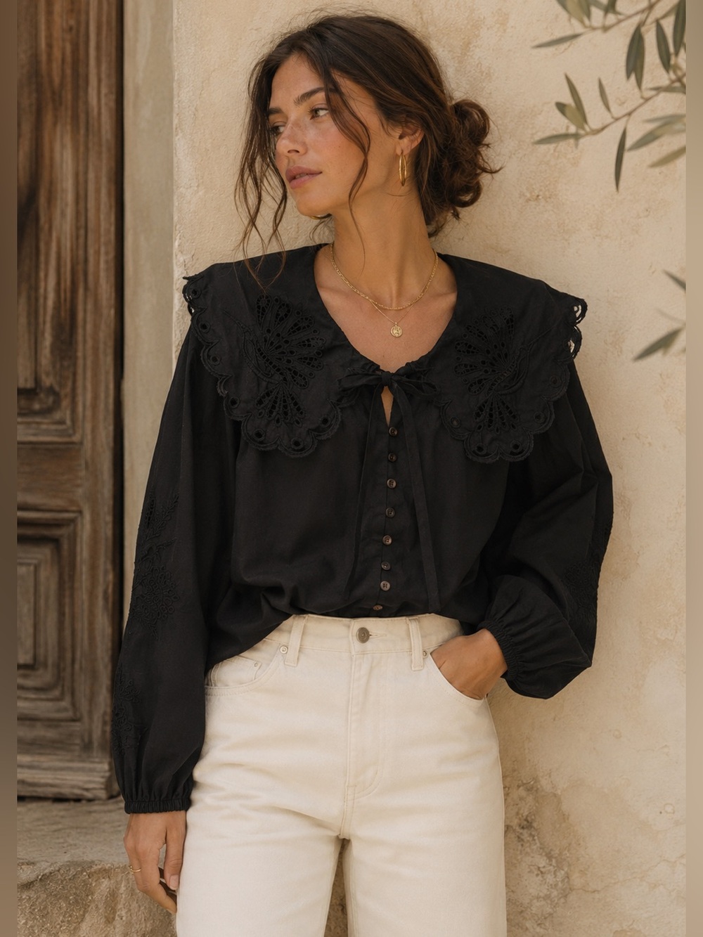 Bailey 44 Embroidered Cotton Blouse | Eyelet Peter Pan Collar | Romantic | M